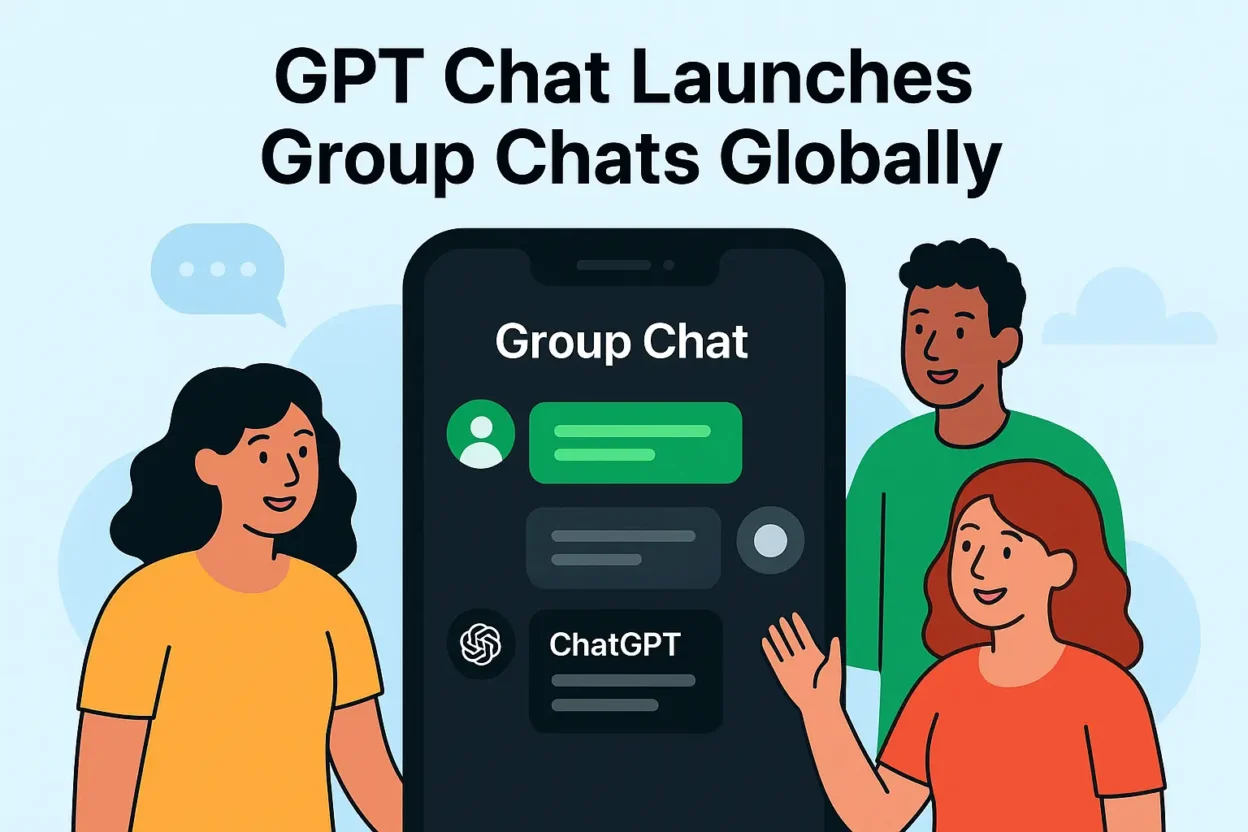 GPT Chat group conversations showing AI-powered collaboration, multiple users chatting, and a futuristic interface