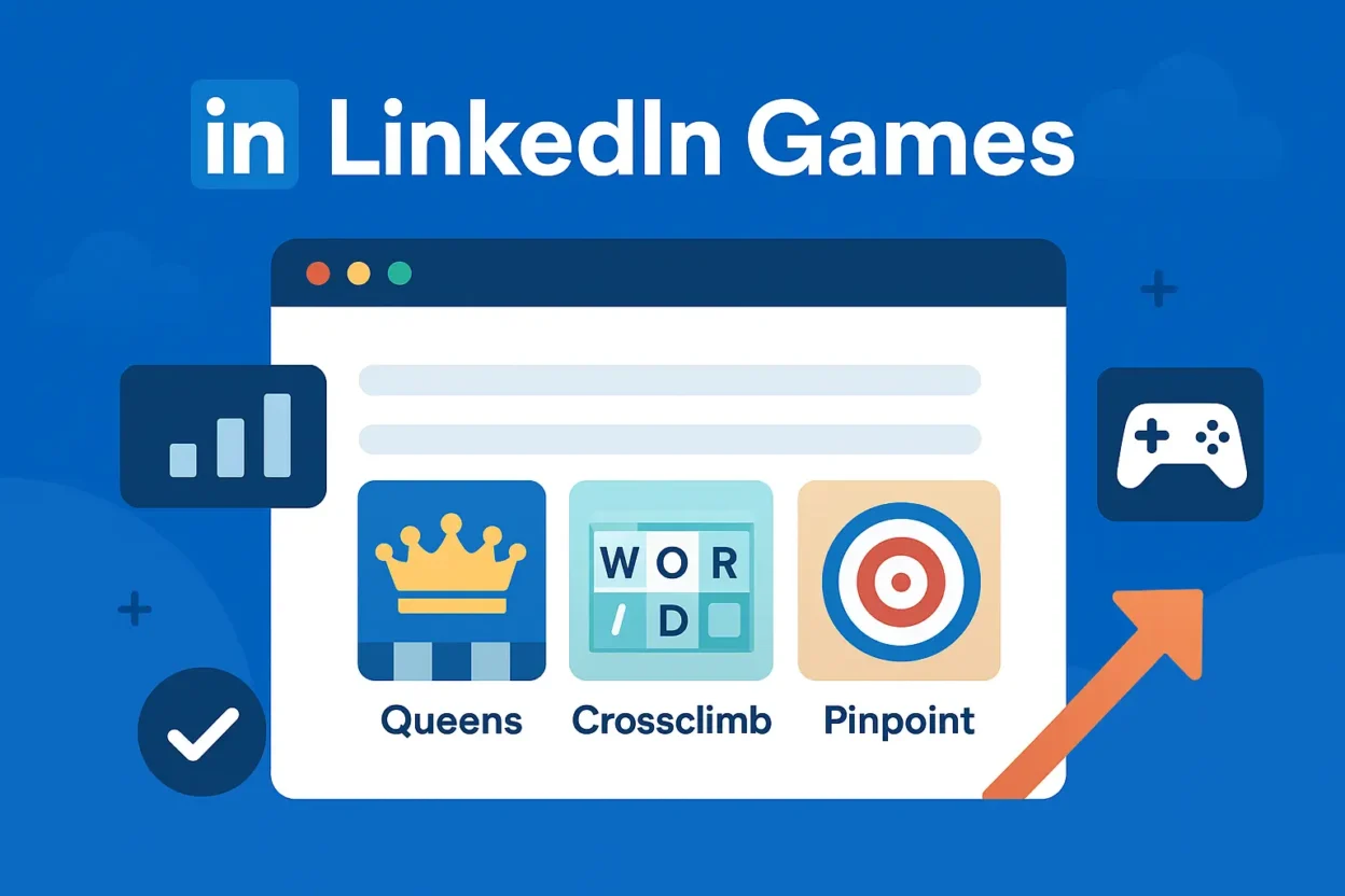 LinkedIn Games interface with puzzles like Queens, Crossclimb, and Pinpoint on a professional-themed background
